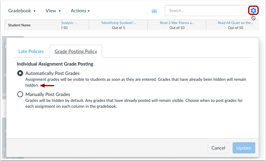 New Gradebook Settings Menu Wording Clarification for Automatically Post Grades Option New Gradebook Settings Menu Wording Clarification for Automatically Post Grades Option