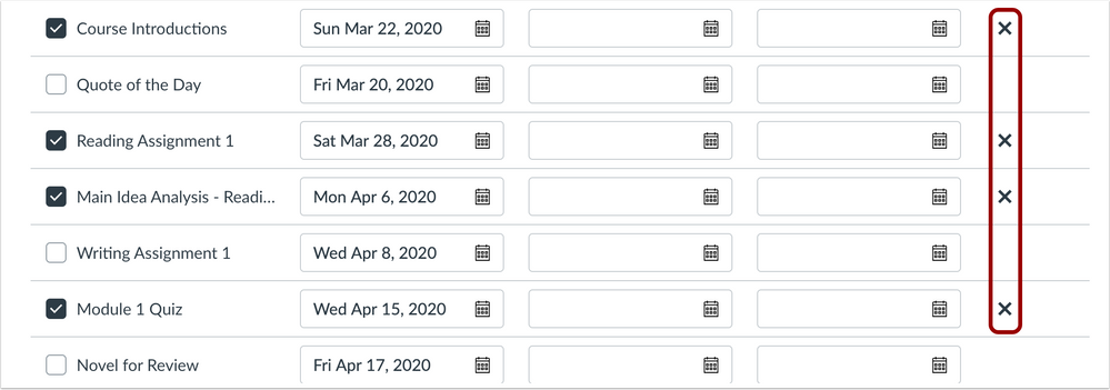 Edit Assignment Dates page with Remove Icons