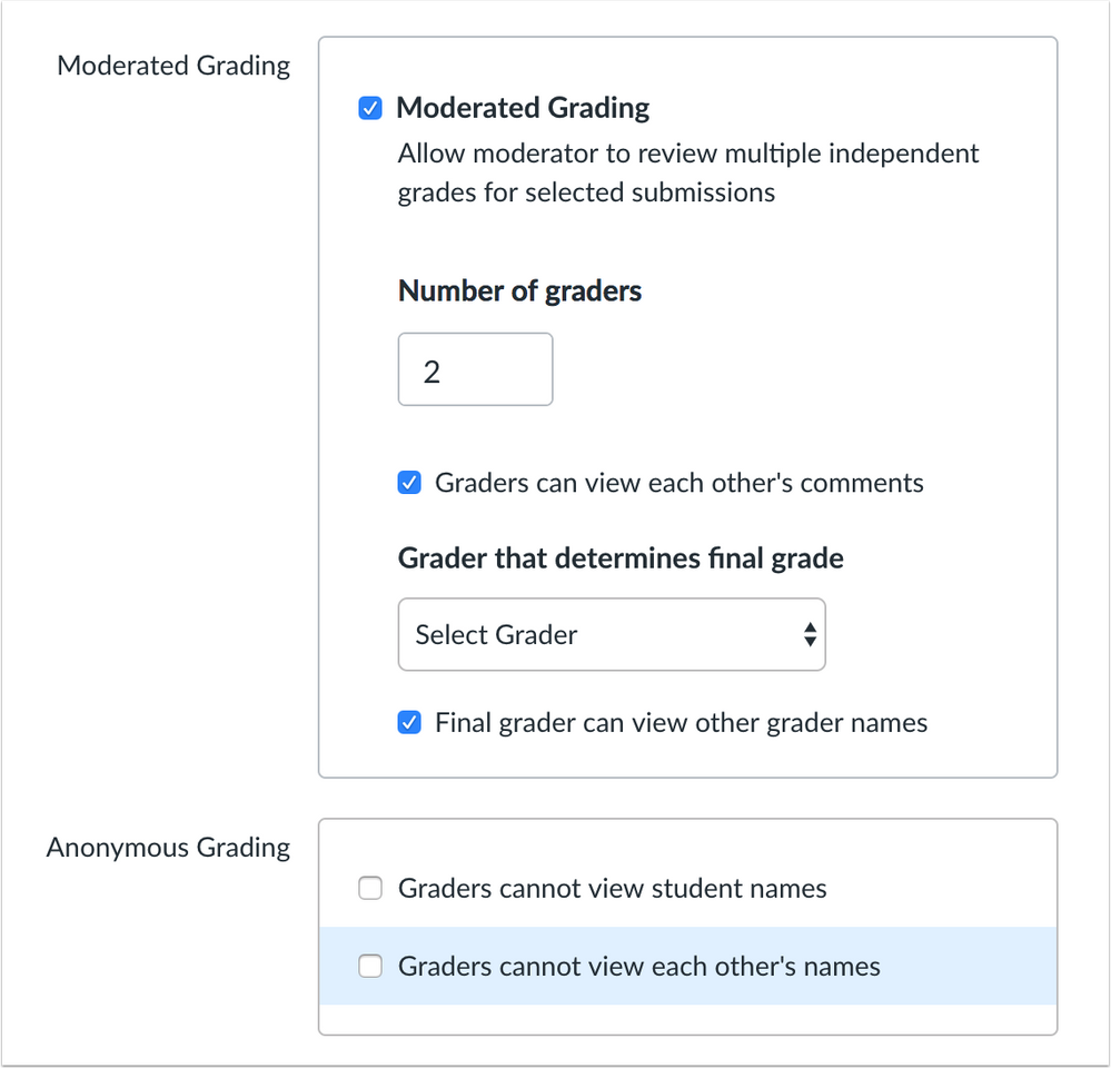 Moderated and anonymous grading assignment options
