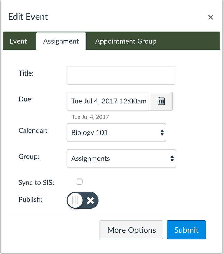 Calendar Assignments window includes sync to SIS option