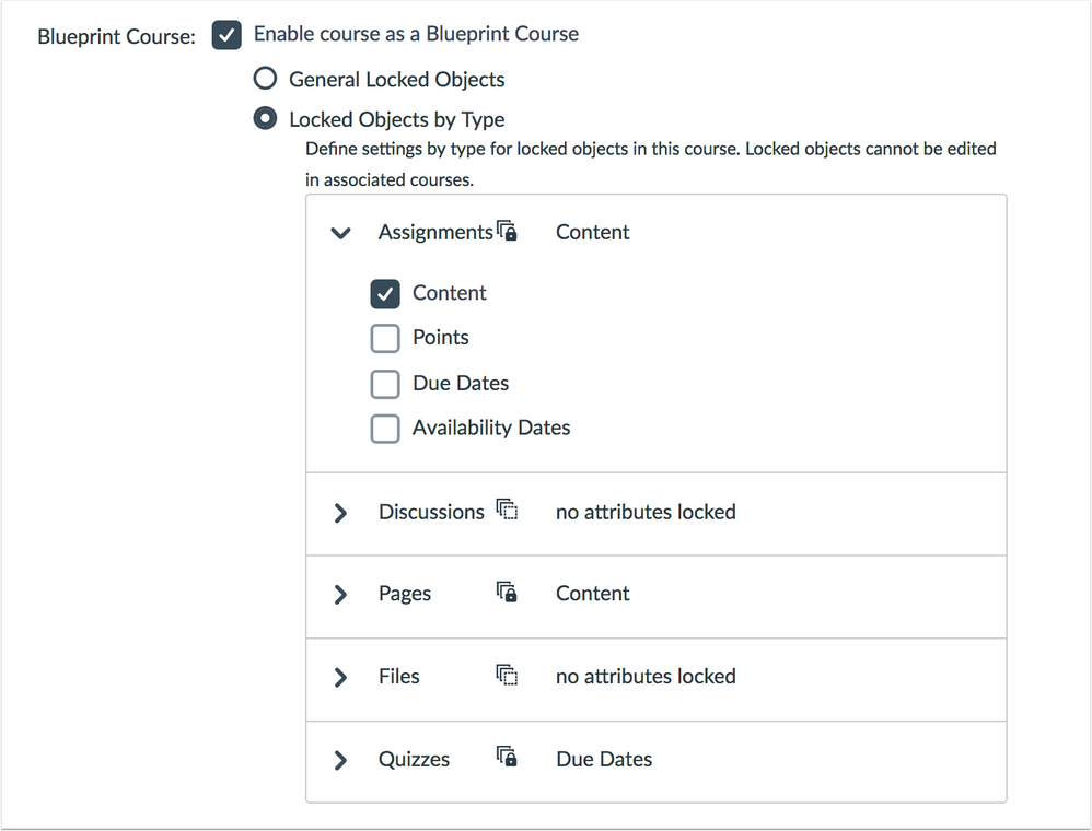 Blueprint Course Details page locked settings by type option