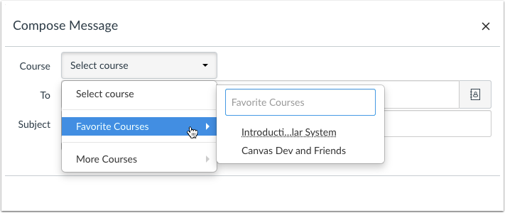 Conversations Favorite Courses and More Courses menus in Compose Menu window