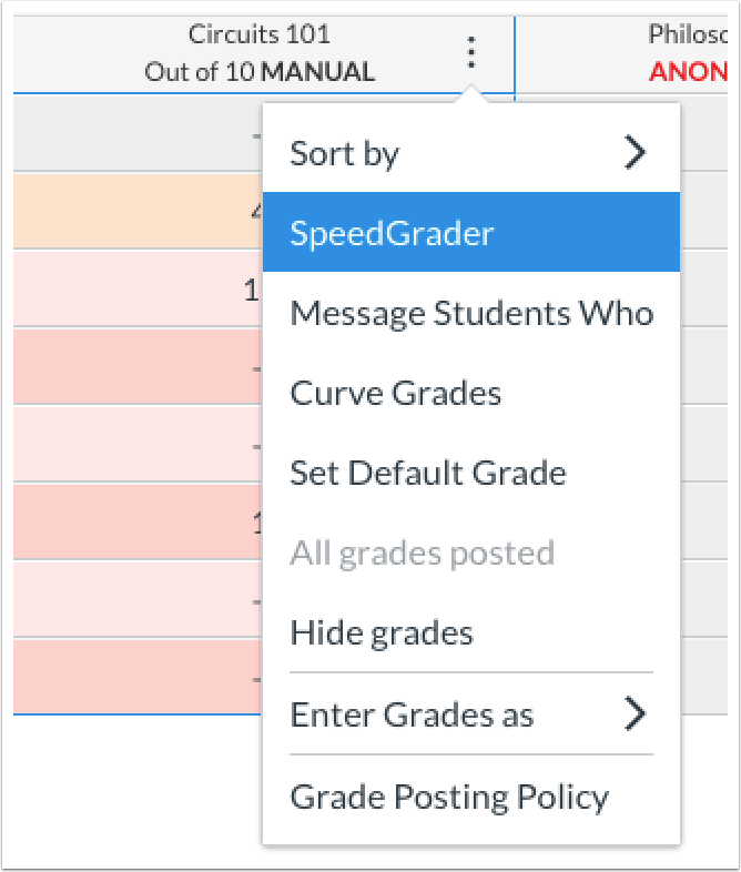 SpeedGrader link in gradebook assignments menu