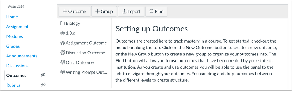 Outcomes page without the Manage Rubrics button