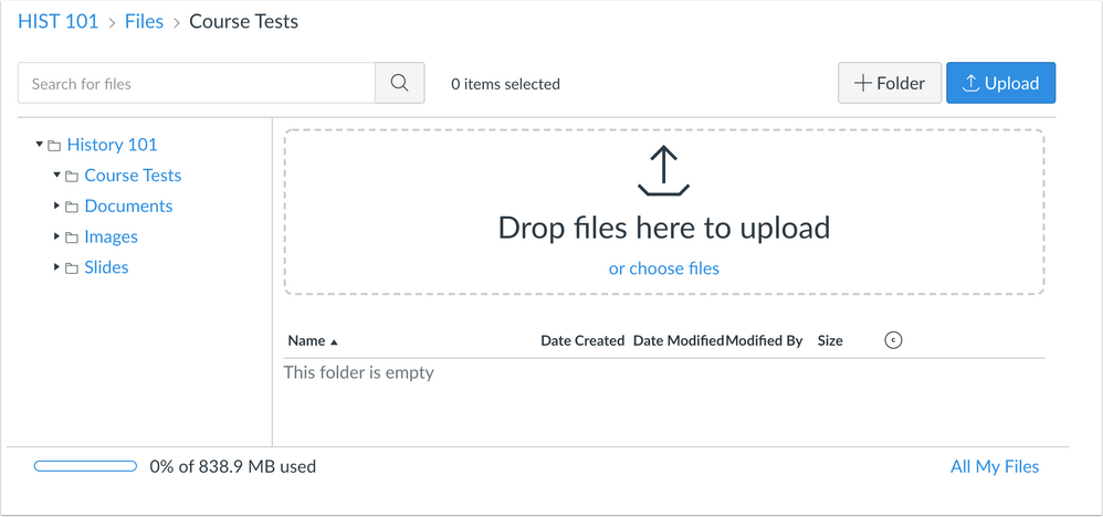 Drop Files Here to Upload notice in Course Files