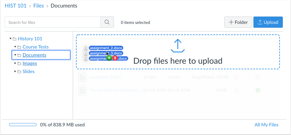 Existing files Drag and Drop notice in Course Files