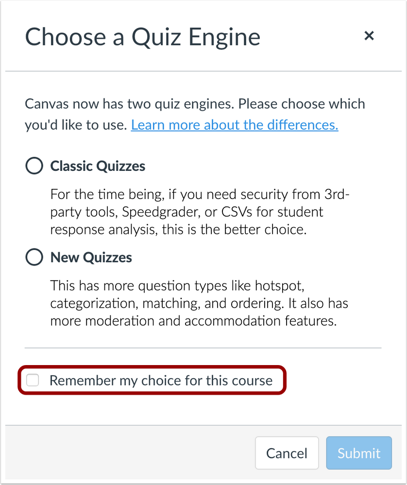 Quiz Engine save preference checkbox
