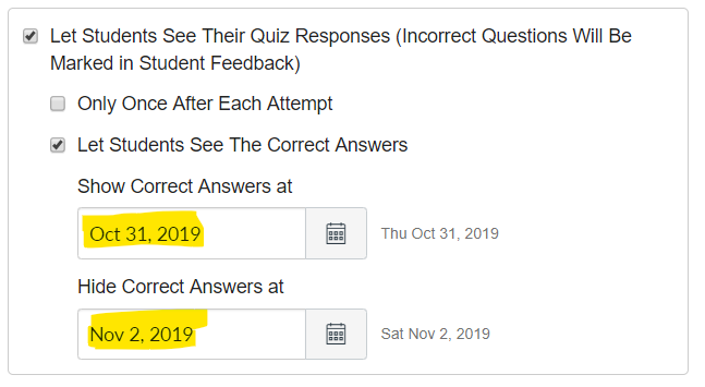 Show correct quiz answers at a specific date