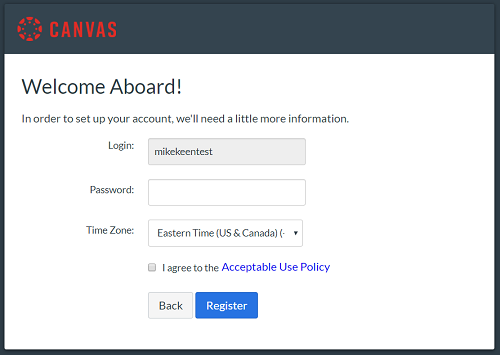 Screenshot of Canvas Registration Page