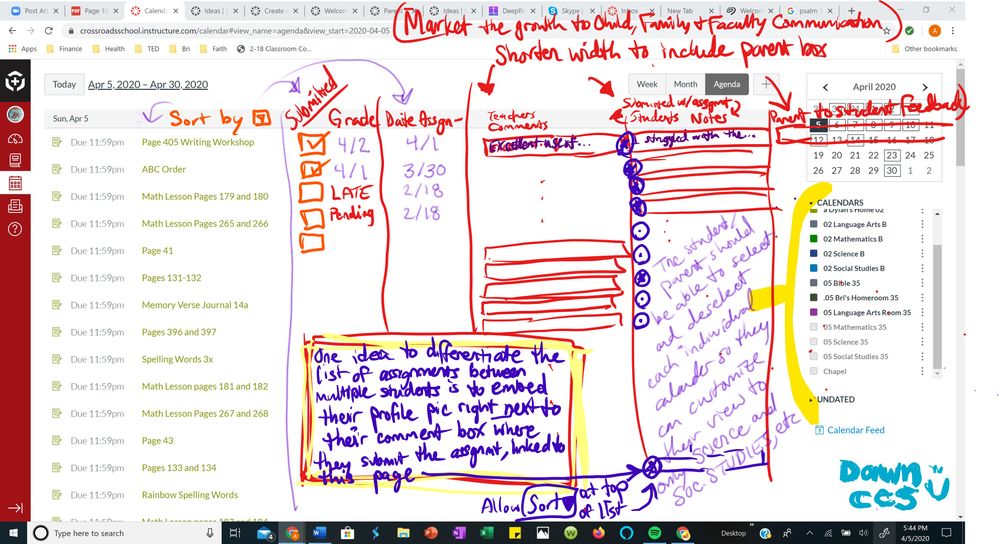 Canvas Parent Log-In  Calendar Agenda Assignments View for Multiple Students - Many Ideas; Add Submission Checkboxes; Add Due Date_ Add submission date, Add Assigned Date, Add Teacher Comments; Add Student Comments; Add Parent Comments, Add Sort Feature, 