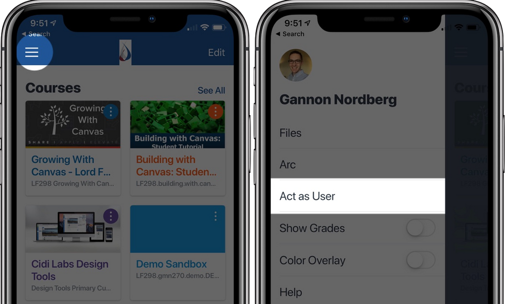Act as user on Canvas mobile app