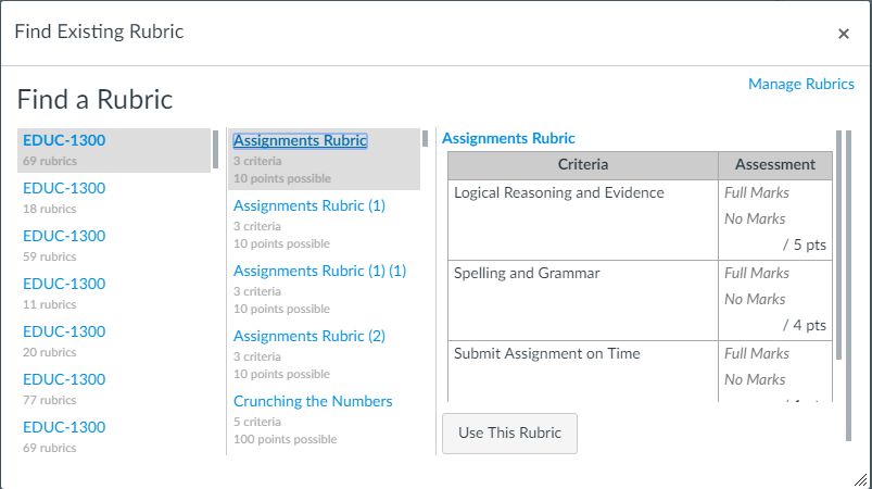 Find a Rubric window showing a long list of EDUC-1300 courses.