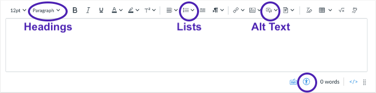 alt text, headings, lists and accessibility icons are circled